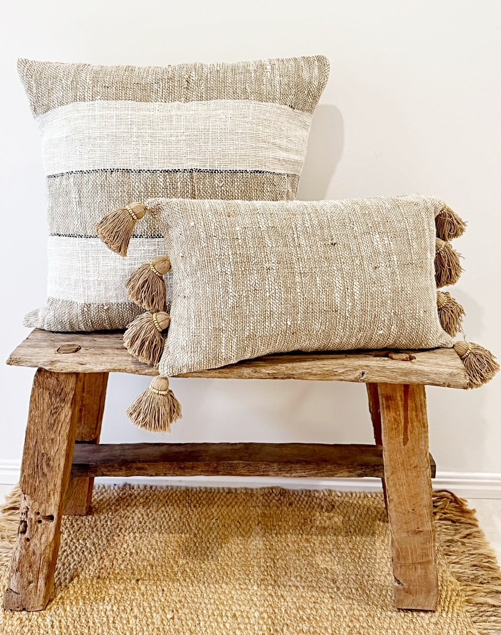 Raw Cotton Cushion with Timber Beaded Tassels