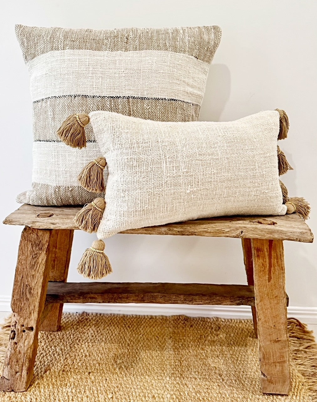 Raw Cotton Cushion with Timber Beaded Tassels