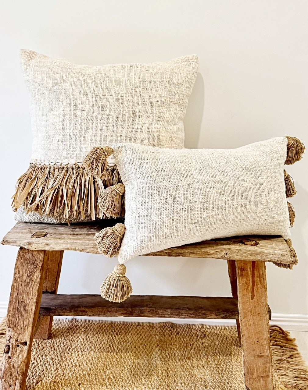 Raw Cotton Cushion with Timber Beaded Tassels
