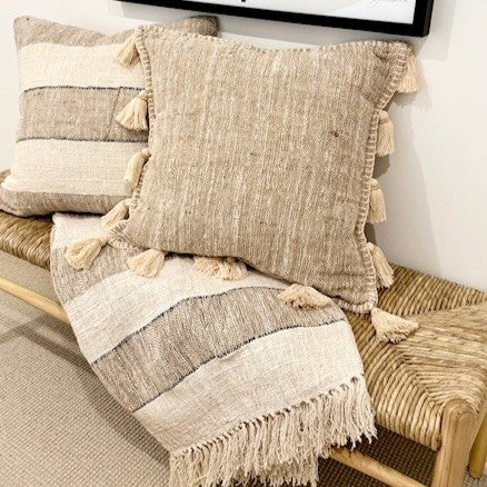 Natural Stitch Edge & Tassel Cotton Cushion