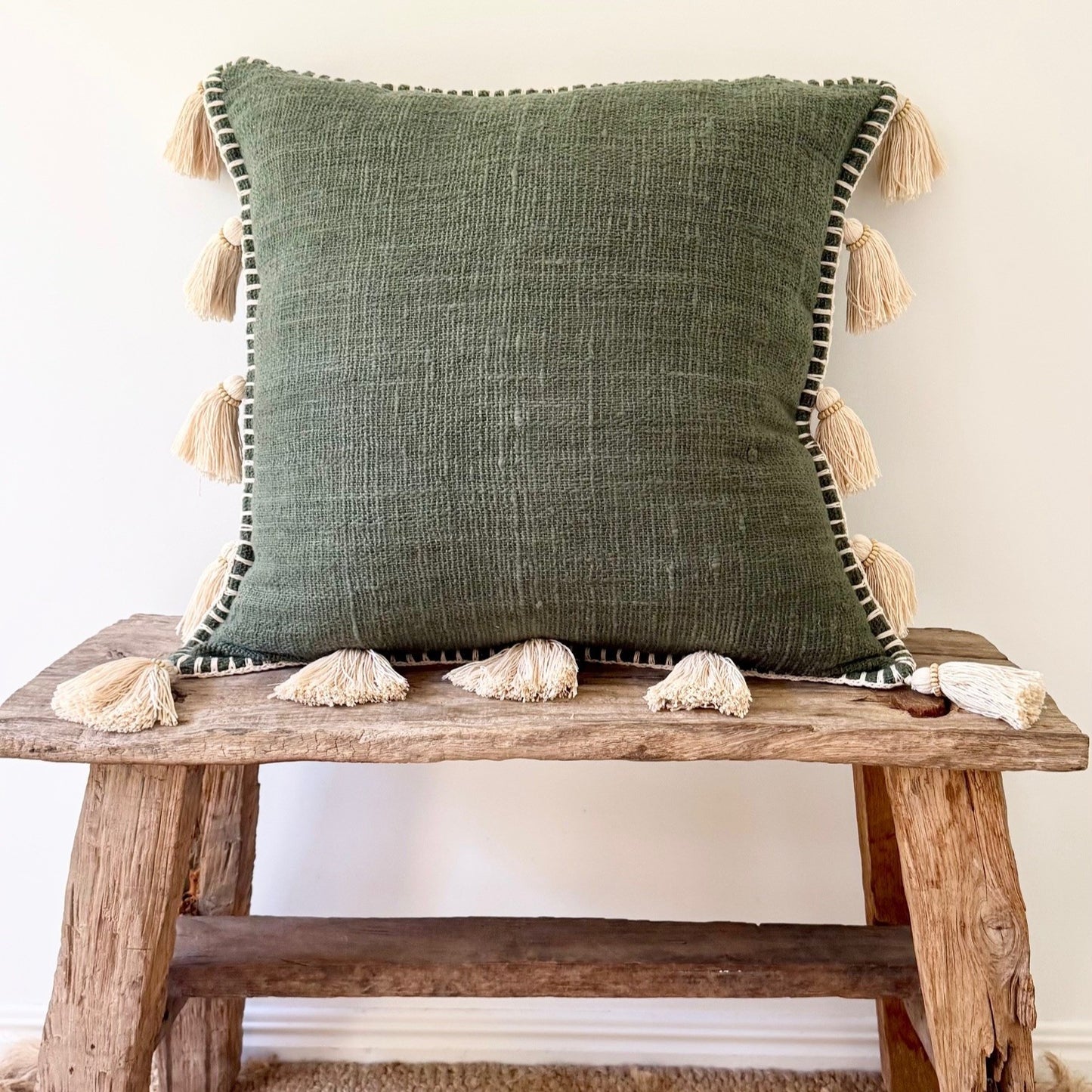 Natural Stitch Edge & Tassel Cotton Cushion