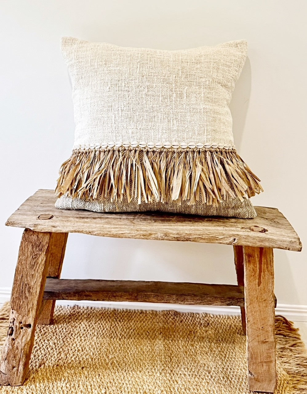 Raffia & Cotton  Cushion with Cowrie Shell Detail