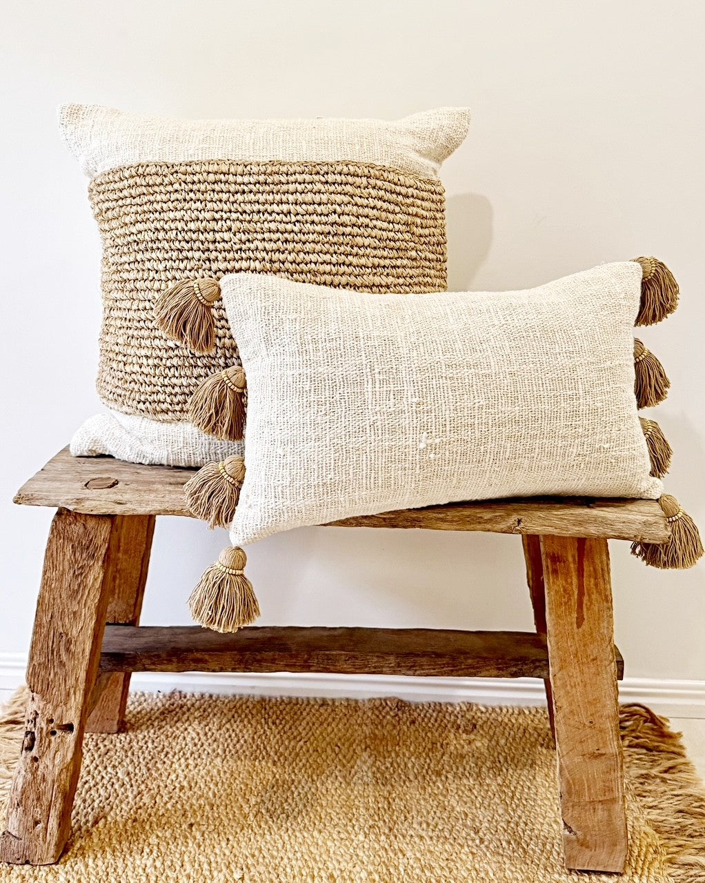 Raw Cotton Cushion with Timber Beaded Tassels