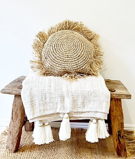 Cotton Natural Throw with Beaded Tassels