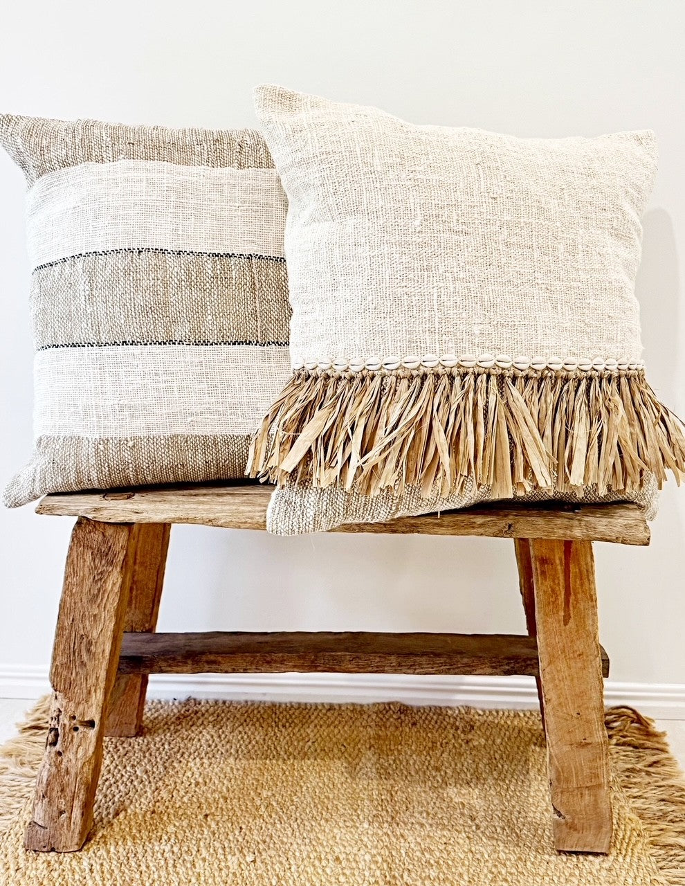 Raffia & Cotton  Cushion with Cowrie Shell Detail