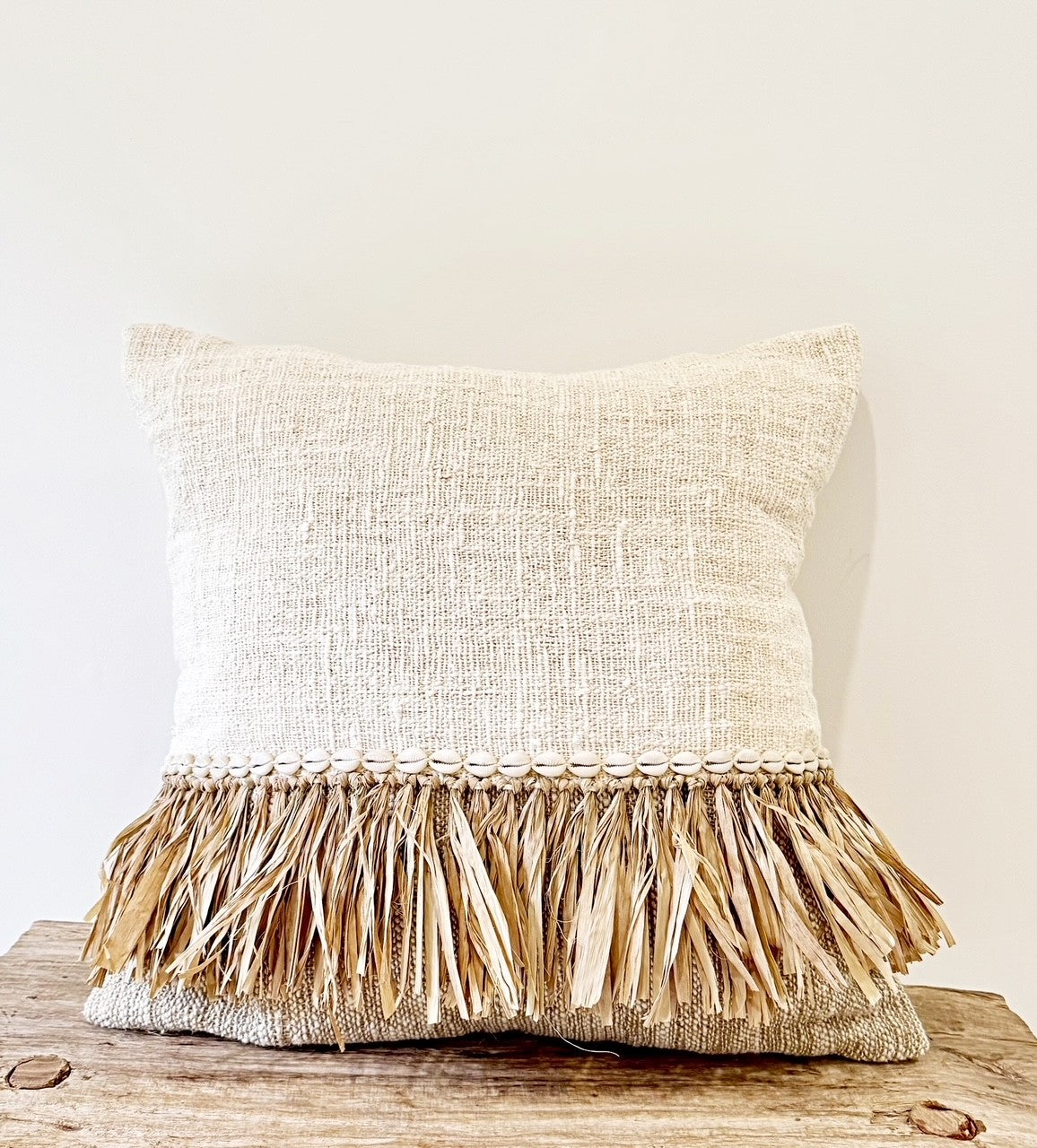 Raffia & Cotton  Cushion with Cowrie Shell Detail
