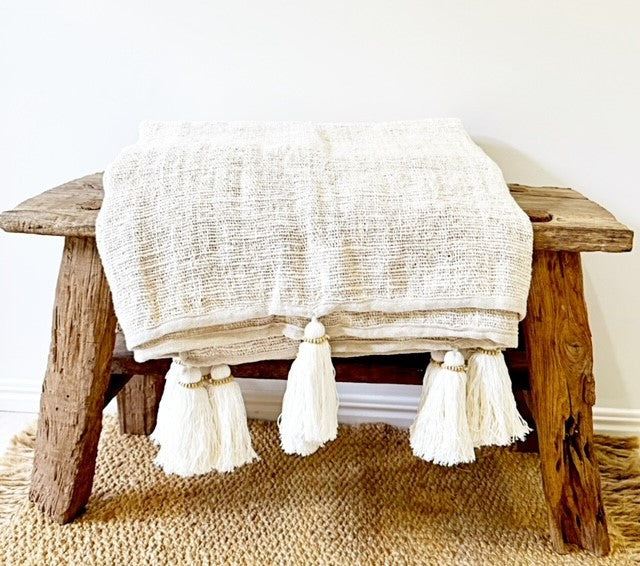 Cotton Natural Throw with Beaded Tassels